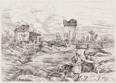 Titian etching from 1682 Landscape with the Rape of Europa 